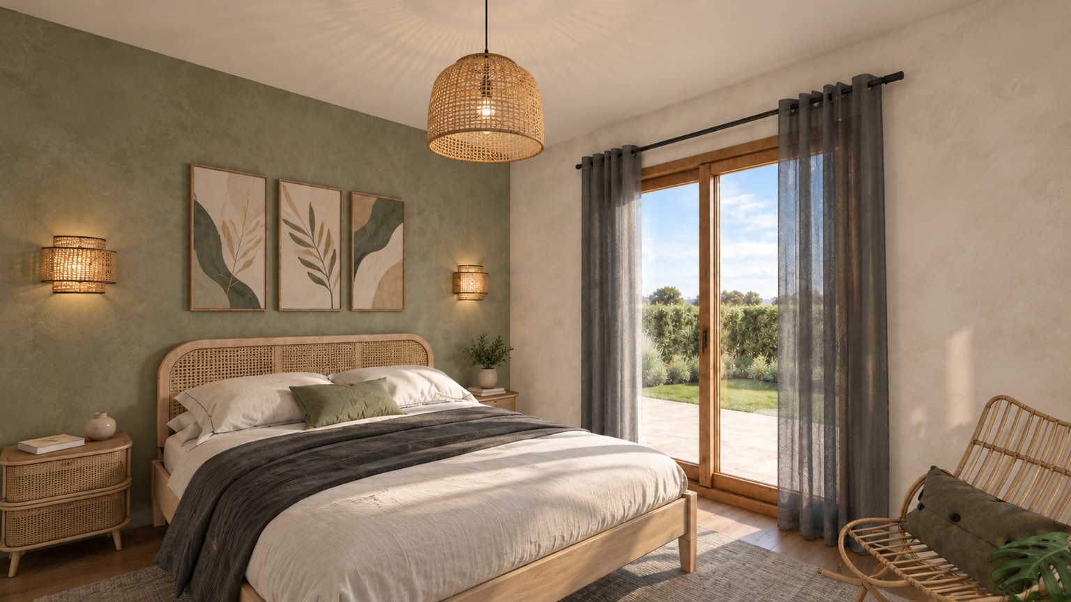 Rendu 3D d’une chambre avec tête de lit en cannage