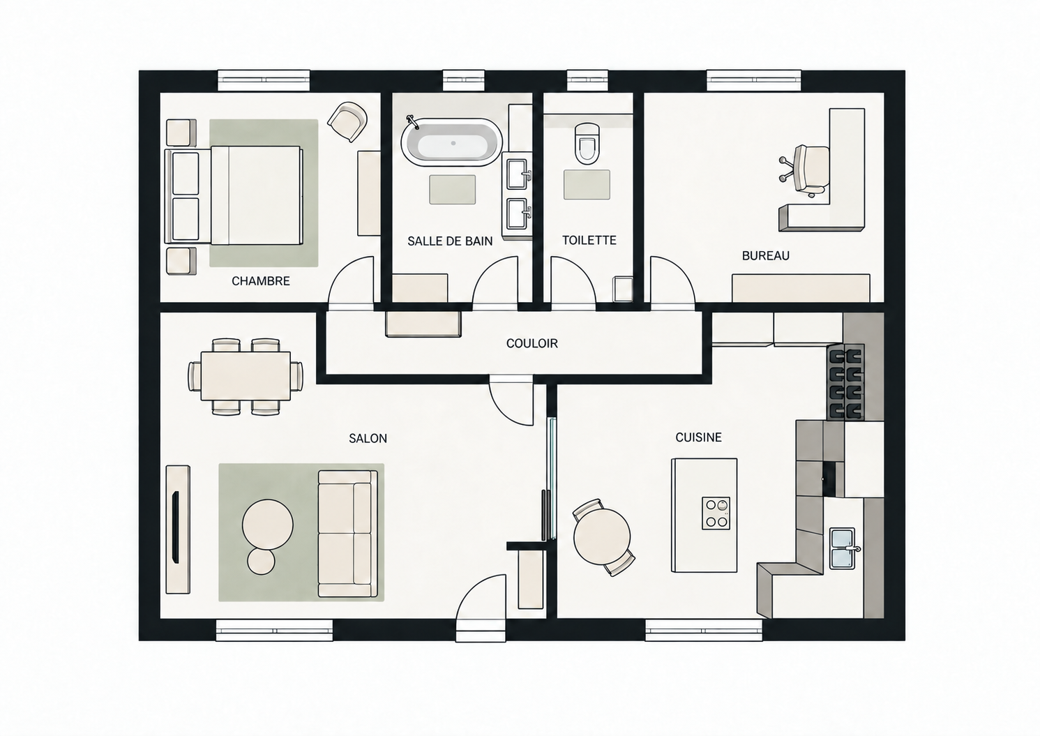 Plan 2D d’implantation du mobilier de l’appartement