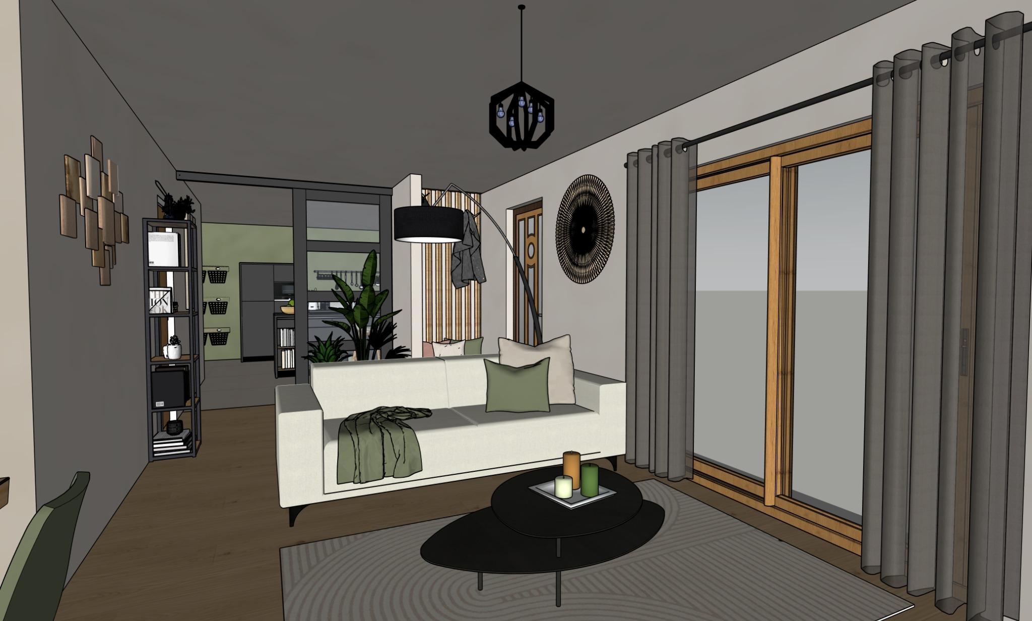 Vue SketchUp du salon côté canapé